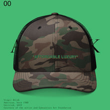 Load image into Gallery viewer, &quot;AFFORDABLE LUXURY&quot; black/camo trucker
